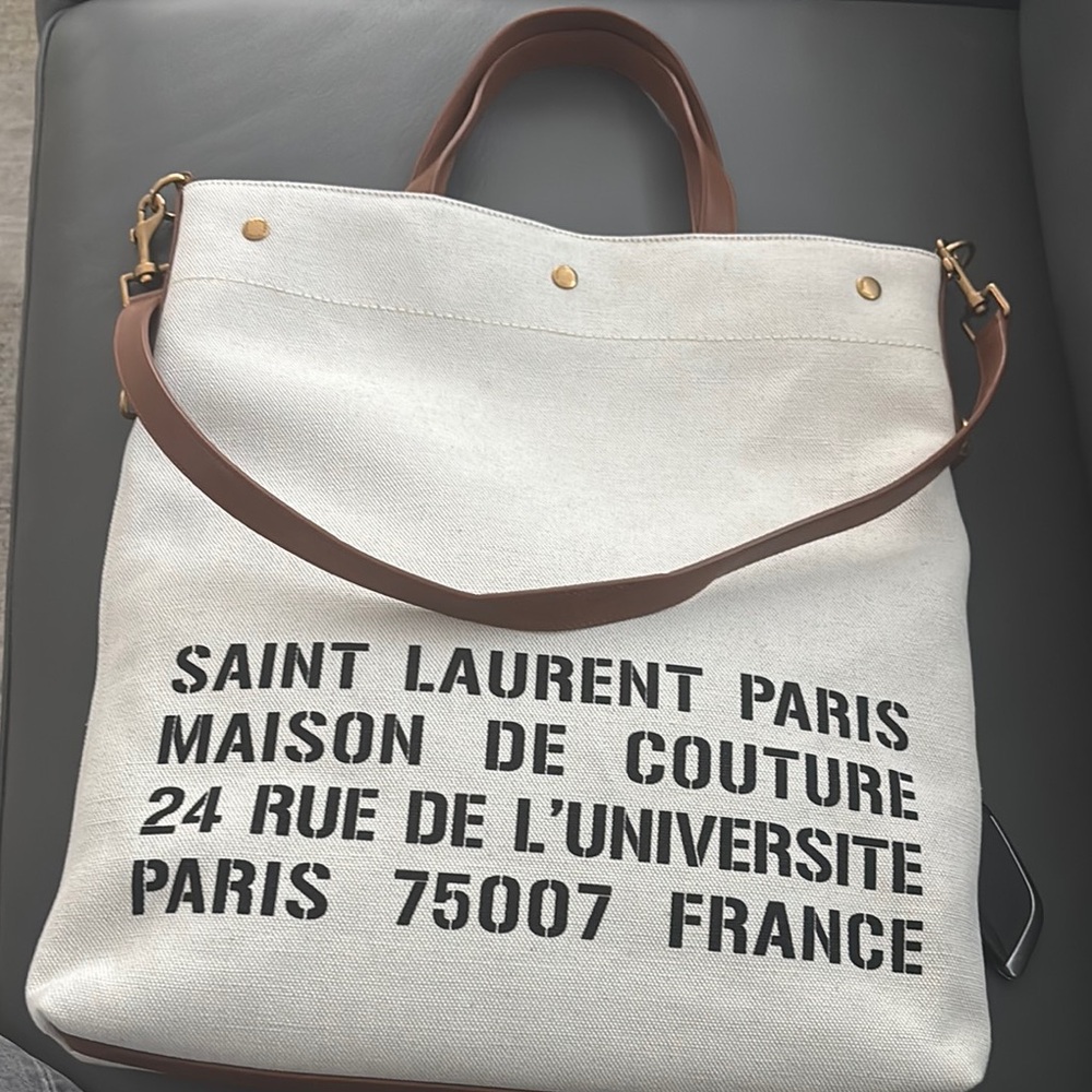 Saint Laurent White and Brown Tote Bag Canvas with brown leather handles!